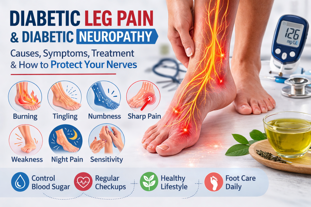 Medical infographic showing diabetic neuropathy symptoms in feet and lower legs