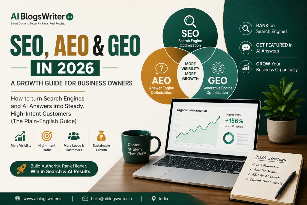 Diagram showing SEO, AEO, and GEO working together for business growth